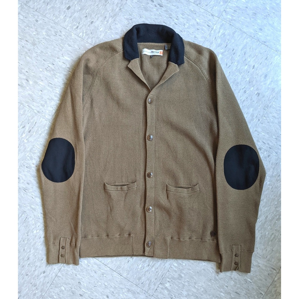 Ben Sherman Plectrum Cardigan Sweater XL Tan Brown Wool Blend Elbow Patch Shawl